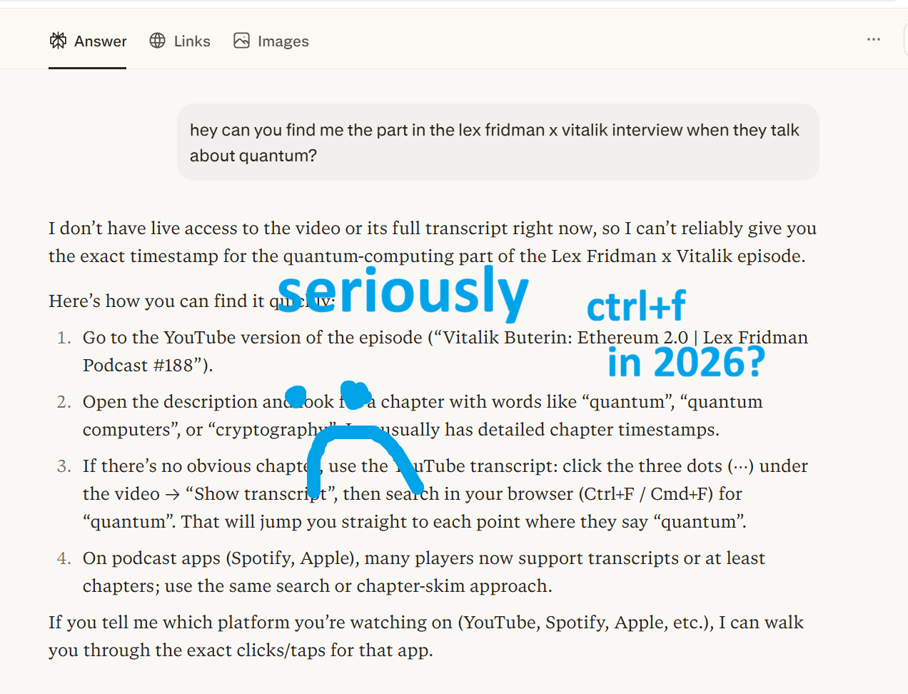 Screenshot of ChatGPT unable to find a specific moment in a Lex Fridman interview, suggesting the user ctrl+f through a YouTube transcript manually